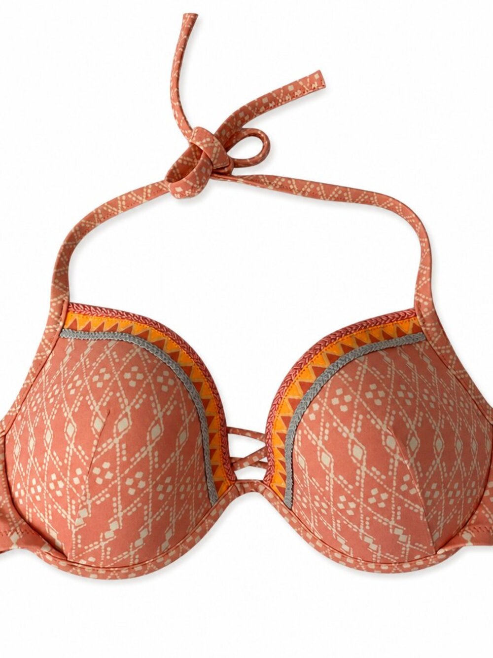 Victoria’s Secret 34D Aztec Bikini Top – Pink Coral Geometric Print, Underwire,